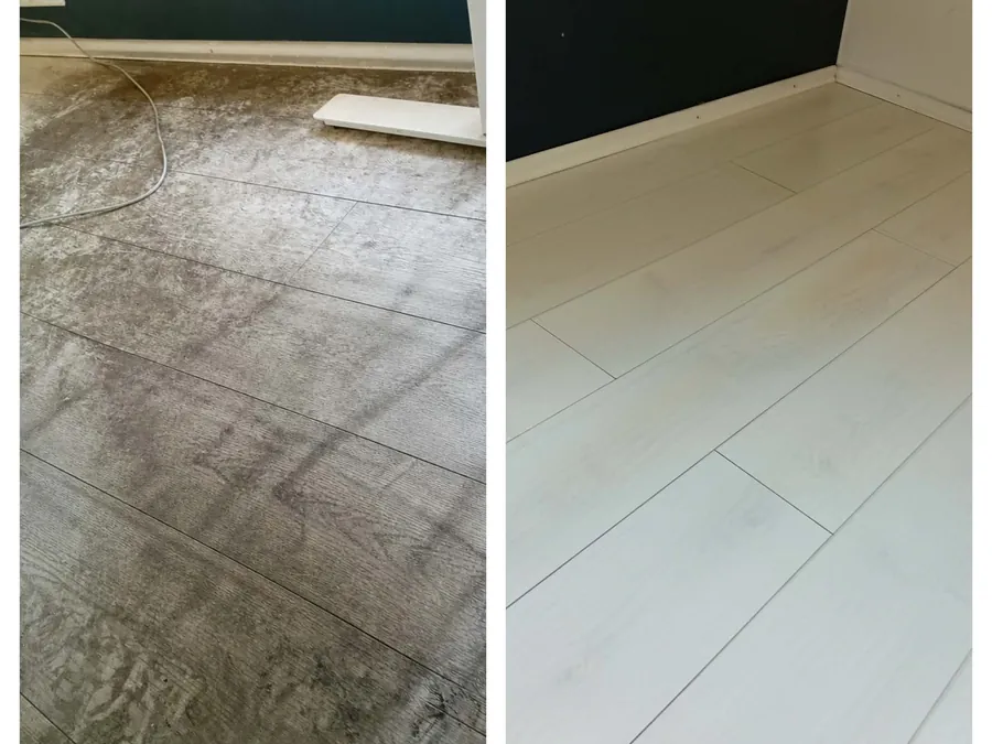 Laminato grindys prieš ir po valymo — kairėje suodžiais nusėta danga, dešinėje švari